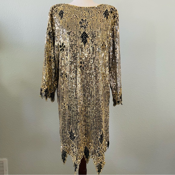 Gunit Vintage Gold Silver Sequin Beaded Embellished Flapper Shift Dress | Large - Picture 2 of 15